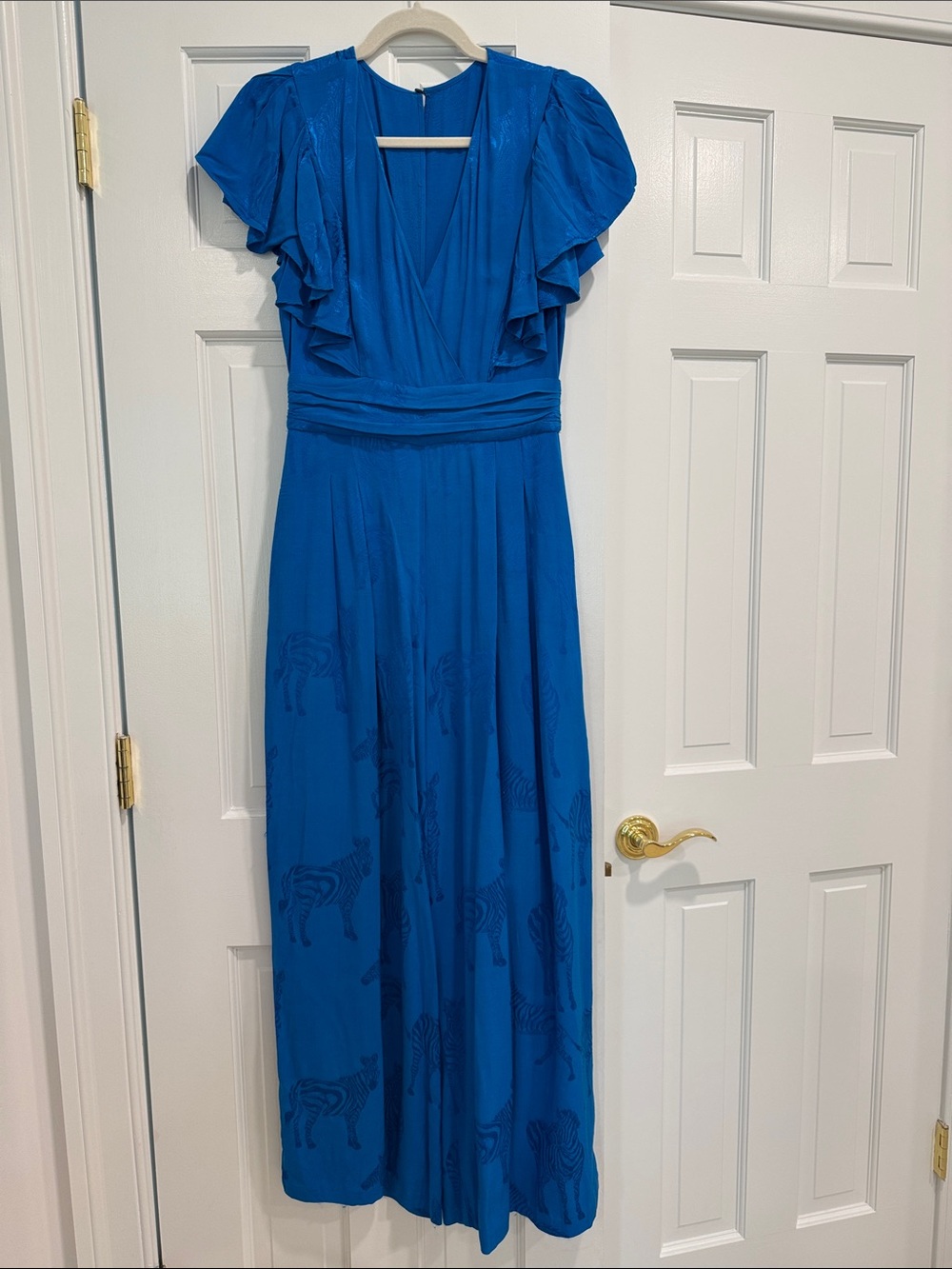 Zara Royal Blue V-Neck Ruffled Sleeve Jumpsuit